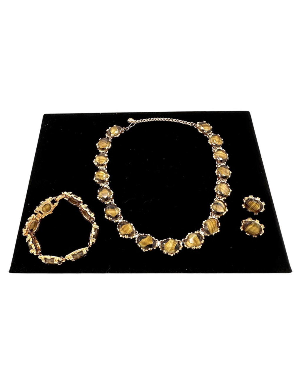 Vintage MCM Striped Givre Glass Jewelry Set Faux Agate Brown Gold Tone Parure